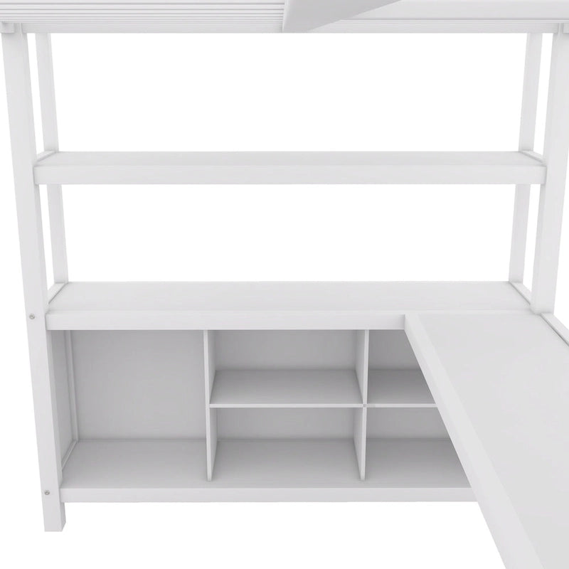 Lit mezzanine en métal pleine grandeur blanc cassé avec armoire et bureau en L, casiers de rangement et étagères pour enfants, adolescents et adultes