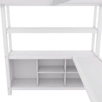 Lit mezzanine en métal pleine grandeur blanc cassé avec armoire et bureau en L, casiers de rangement et étagères pour enfants, adolescents et adultes