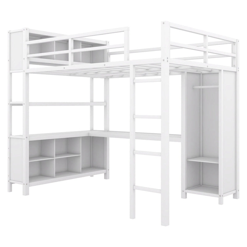 Lit mezzanine en métal pleine grandeur blanc cassé avec armoire et bureau en L, casiers de rangement et étagères pour enfants, adolescents et adultes