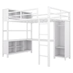 Lit mezzanine en métal pleine grandeur blanc cassé avec armoire et bureau en L, casiers de rangement et étagères pour enfants, adolescents et adultes