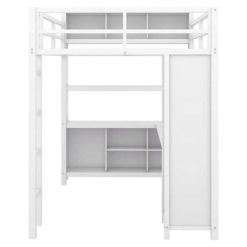 Lit mezzanine en métal pleine grandeur blanc cassé avec armoire et bureau en L, casiers de rangement et étagères pour enfants, adolescents et adultes