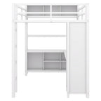 Lit mezzanine en métal pleine grandeur blanc cassé avec armoire et bureau en L, casiers de rangement et étagères pour enfants, adolescents et adultes