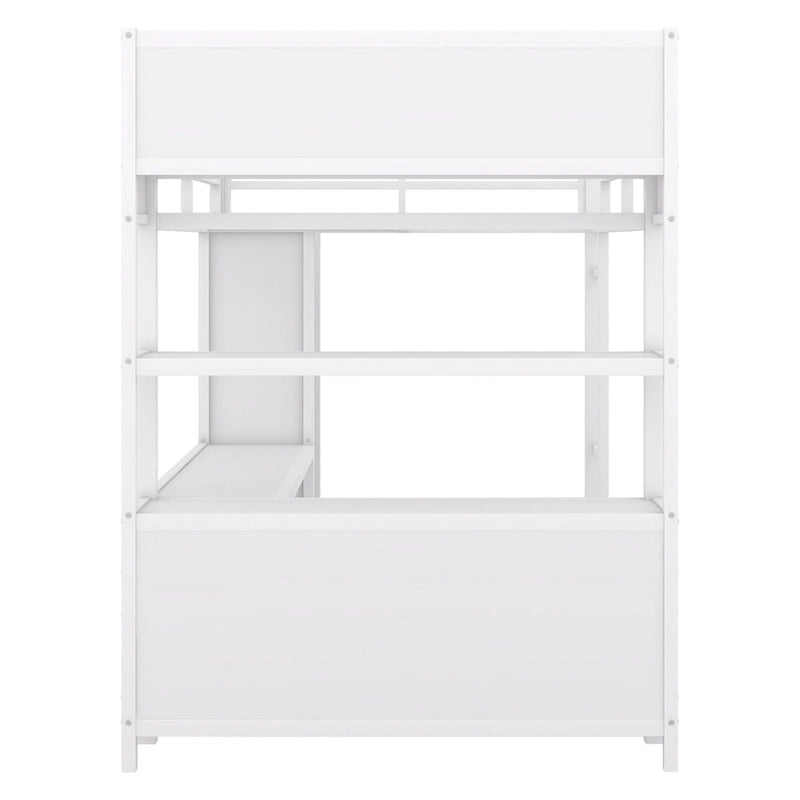 Lit mezzanine en métal pleine grandeur blanc cassé avec armoire et bureau en L, casiers de rangement et étagères pour enfants, adolescents et adultes
