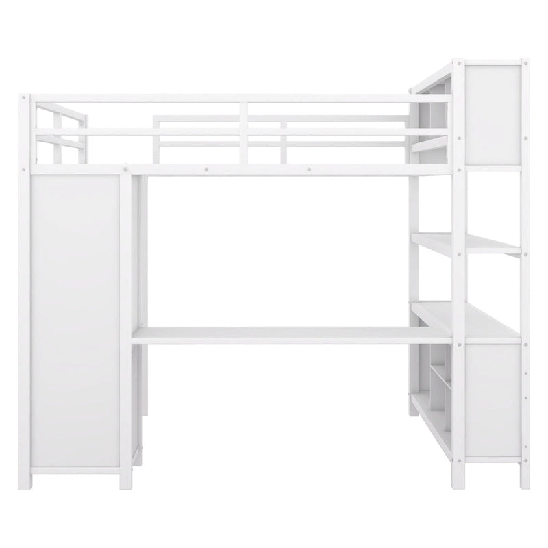 Lit mezzanine en métal pleine grandeur blanc cassé avec armoire et bureau en L, casiers de rangement et étagères pour enfants, adolescents et adultes