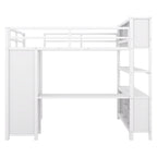 Lit mezzanine en métal pleine grandeur blanc cassé avec armoire et bureau en L, casiers de rangement et étagères pour enfants, adolescents et adultes