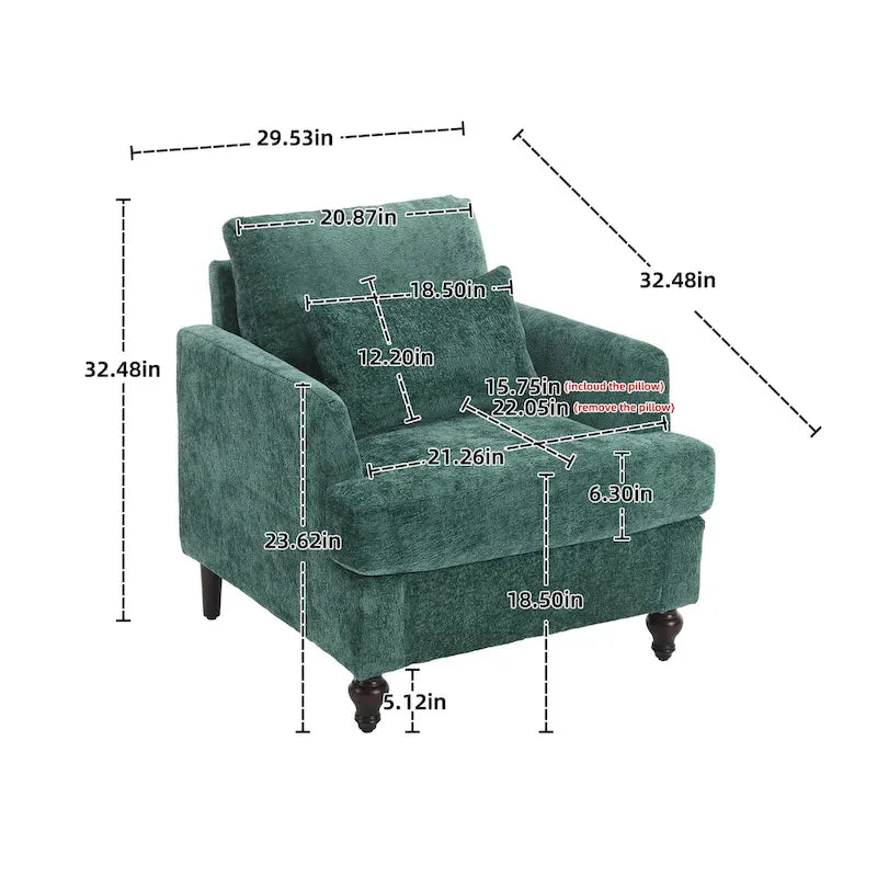 Fauteuil d'appoint en chenille moderne Emerald 29,53 avec cadre en bois massif et coussins