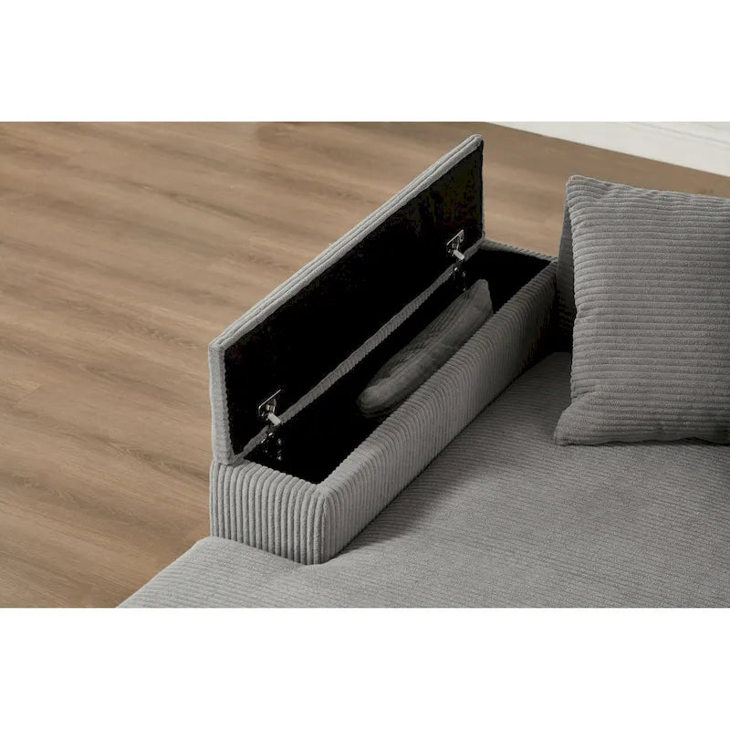 Canapé d'angle en velours côtelé 111 avec méridienne convertible et accoudoirs de rangement