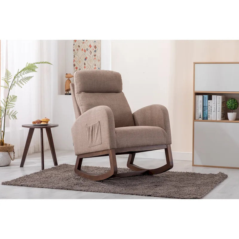 Fauteuil à bascule capitonné moderne de 27 po avec pieds en bois et poche latérale