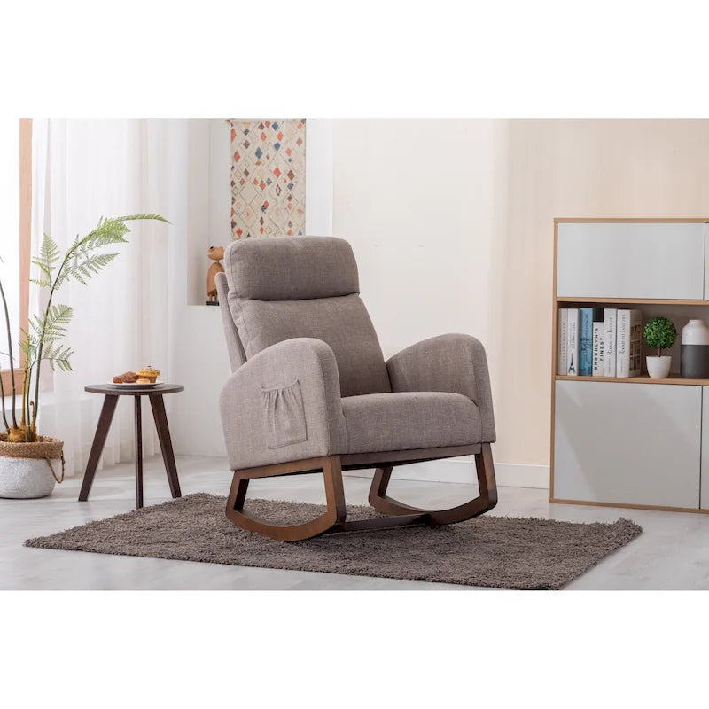 Fauteuil à bascule capitonné moderne de 27 po avec pieds en bois et poche latérale