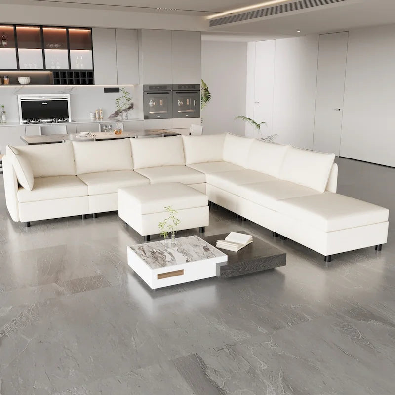 Canapé modulaire 8 places convertible beige 129 avec rangement