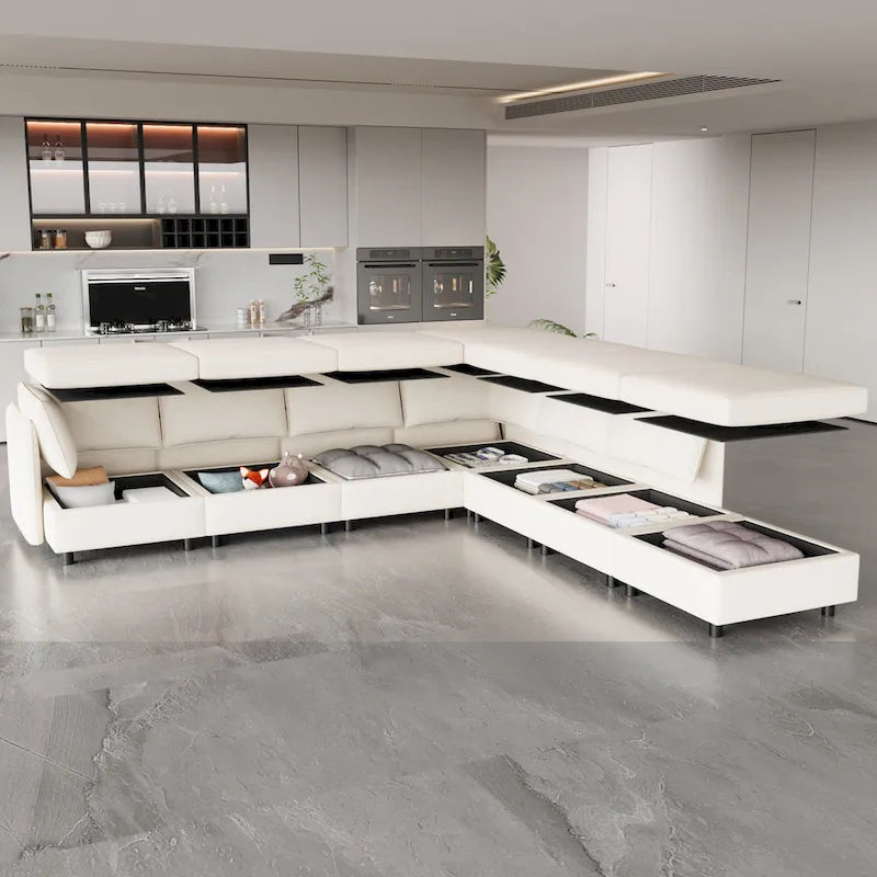 Canapé modulaire 8 places convertible beige 129 avec rangement