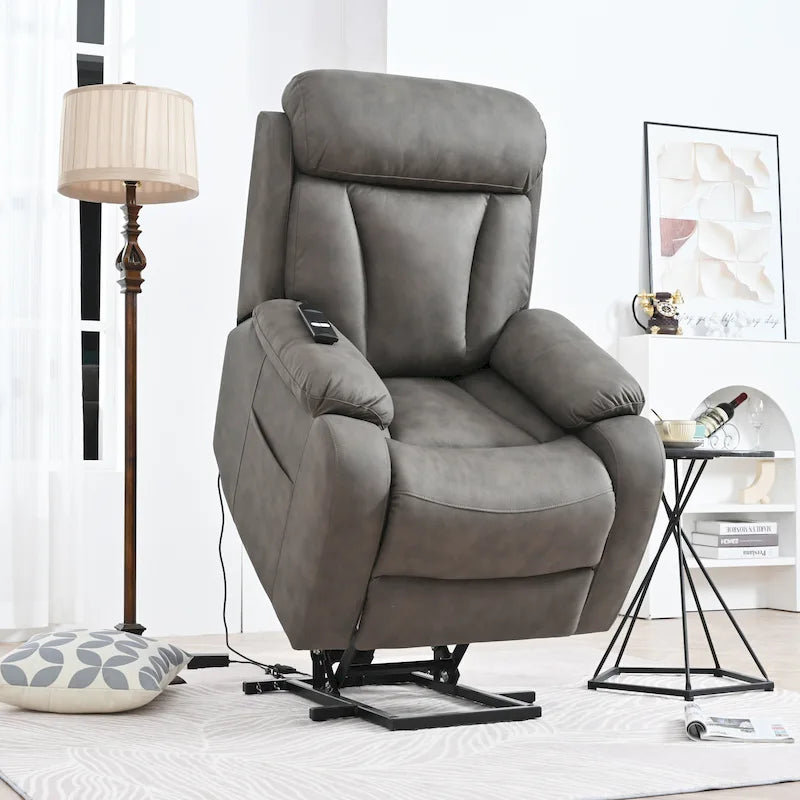 Fauteuil inclinable électrique gris pour personnes âgées, avec télécommande, coussin rembourré, pochette latérale et cadre robuste