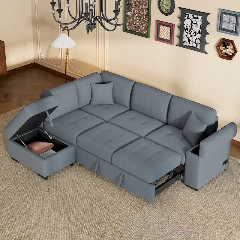Canapé sectionnel en L à 5 places de 84,75 po avec lit gigogne, pouf de rangement, rangement de bras caché et chargement USB