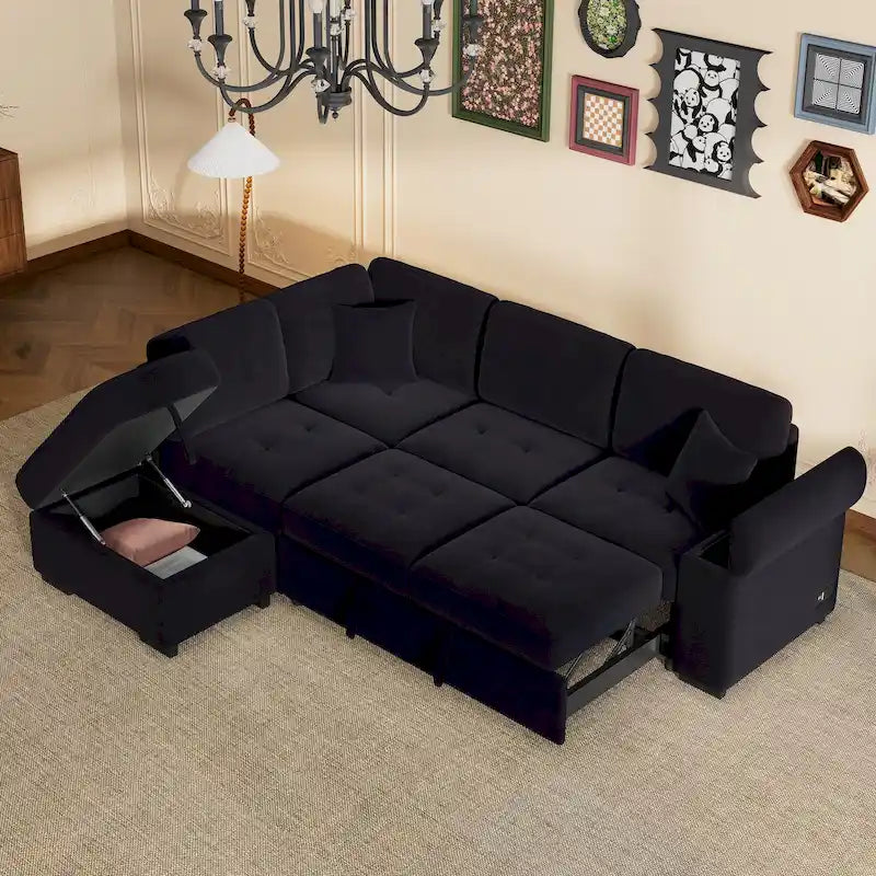 Canapé sectionnel en L à 5 places de 84,75 po avec lit gigogne, pouf de rangement, rangement de bras caché et chargement USB