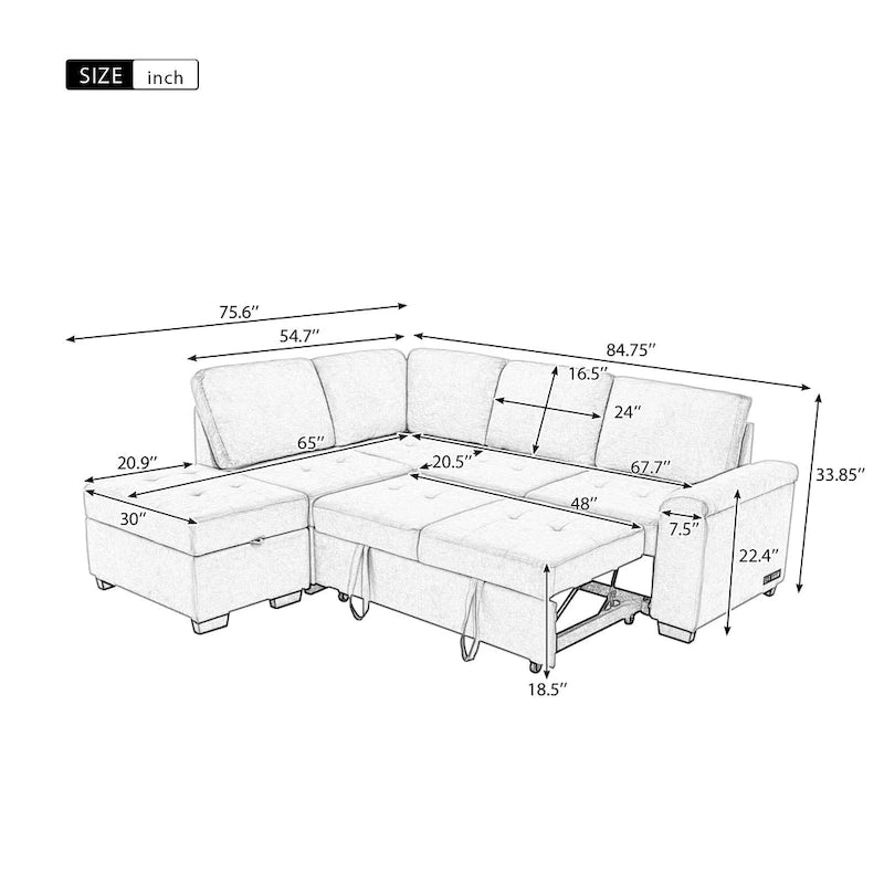Canapé sectionnel en L à 5 places de 84,75 po avec lit gigogne, pouf de rangement, rangement de bras caché et chargement USB