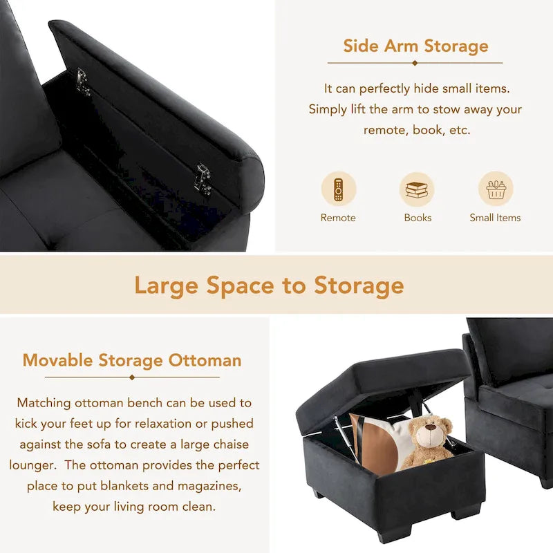 Canapé sectionnel en L à 5 places de 84,75 po avec lit gigogne, pouf de rangement, rangement de bras caché et chargement USB