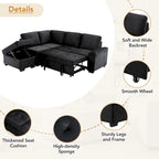Canapé sectionnel en L à 5 places de 84,75 po avec lit gigogne, pouf de rangement, rangement de bras caché et chargement USB