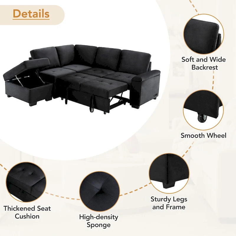 Canapé sectionnel en L à 5 places de 84,75 po avec lit gigogne, pouf de rangement, rangement de bras caché et chargement USB