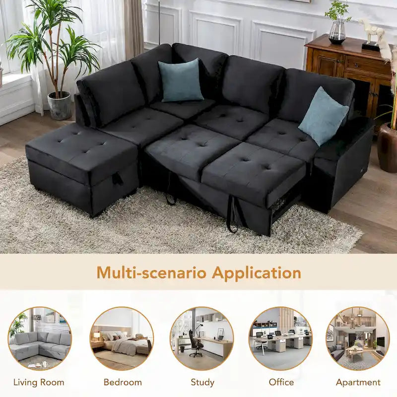 Canapé sectionnel en L à 5 places de 84,75 po avec lit gigogne, pouf de rangement, rangement de bras caché et chargement USB