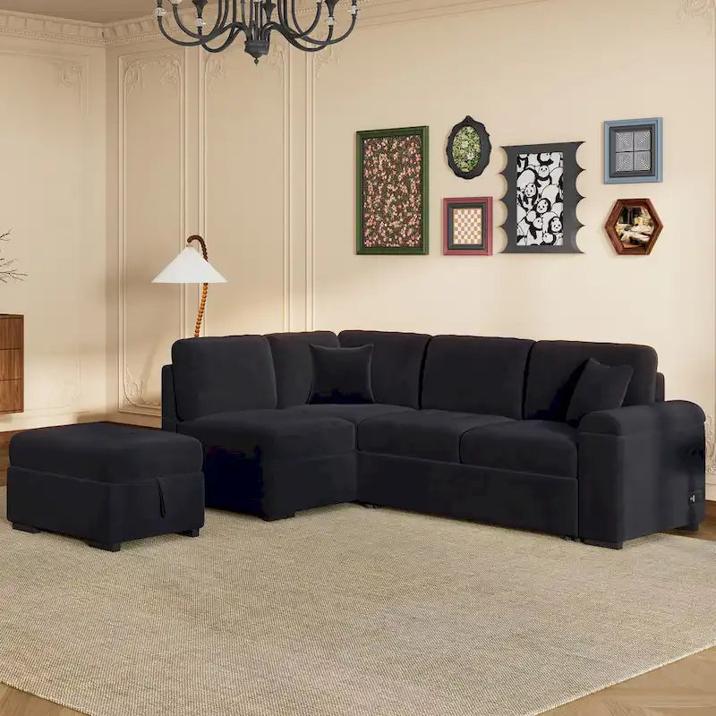 Canapé sectionnel en L à 5 places de 84,75 po avec lit gigogne, pouf de rangement, rangement de bras caché et chargement USB