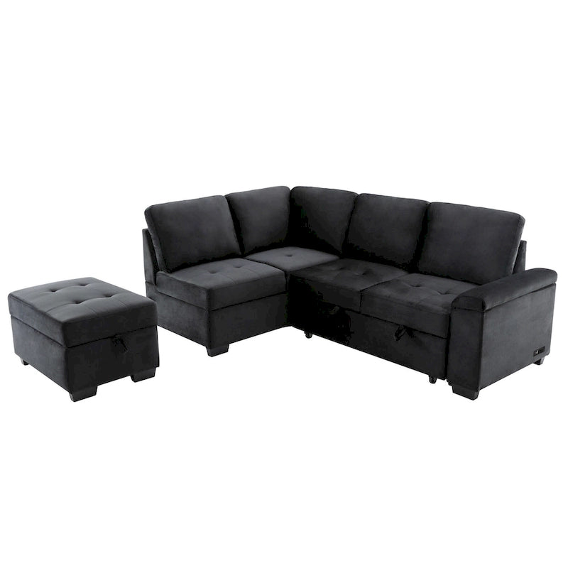 Canapé sectionnel en L à 5 places de 84,75 po avec lit gigogne, pouf de rangement, rangement de bras caché et chargement USB