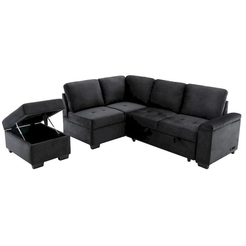 Canapé sectionnel en L à 5 places de 84,75 po avec lit gigogne, pouf de rangement, rangement de bras caché et chargement USB