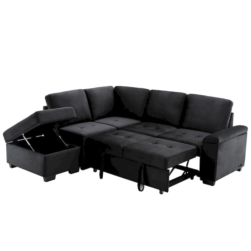 Canapé sectionnel en L à 5 places de 84,75 po avec lit gigogne, pouf de rangement, rangement de bras caché et chargement USB