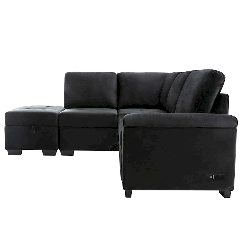 Canapé sectionnel en L à 5 places de 84,75 po avec lit gigogne, pouf de rangement, rangement de bras caché et chargement USB