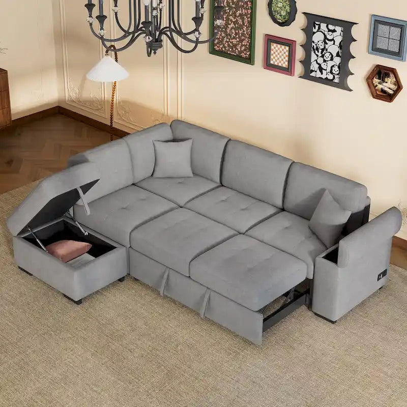 Canapé sectionnel en L à 5 places de 84,75 po avec lit gigogne, pouf de rangement, rangement de bras caché et chargement USB