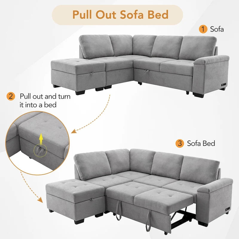 Canapé sectionnel en L à 5 places de 84,75 po avec lit gigogne, pouf de rangement, rangement de bras caché et chargement USB