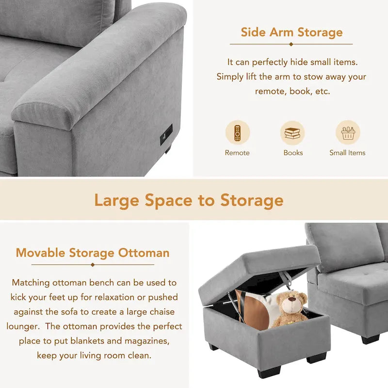 Canapé sectionnel en L à 5 places de 84,75 po avec lit gigogne, pouf de rangement, rangement de bras caché et chargement USB