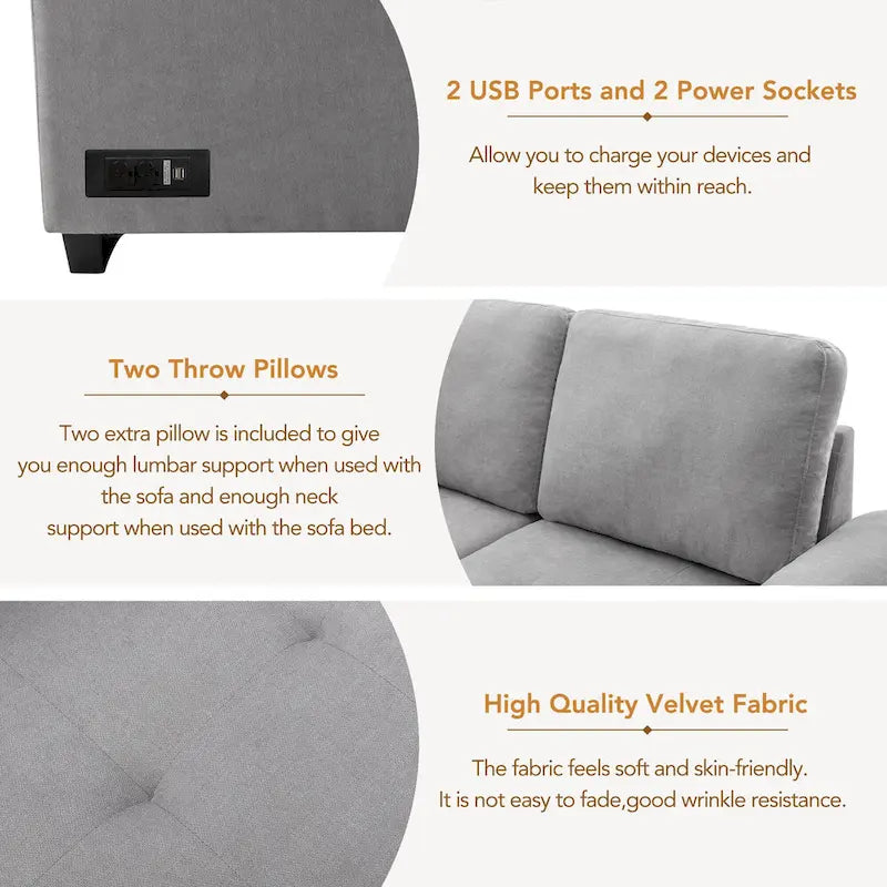 Canapé sectionnel en L à 5 places de 84,75 po avec lit gigogne, pouf de rangement, rangement de bras caché et chargement USB