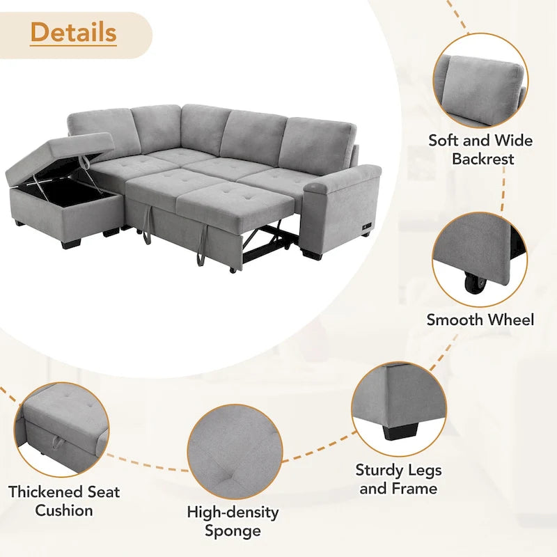 Canapé sectionnel en L à 5 places de 84,75 po avec lit gigogne, pouf de rangement, rangement de bras caché et chargement USB