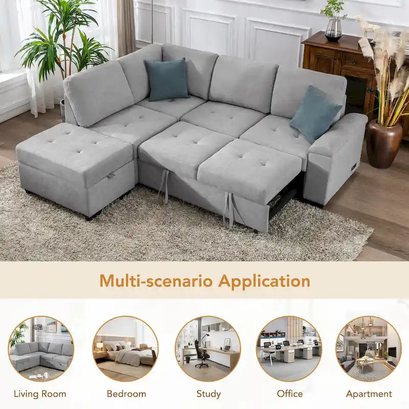 Canapé sectionnel en L à 5 places de 84,75 po avec lit gigogne, pouf de rangement, rangement de bras caché et chargement USB