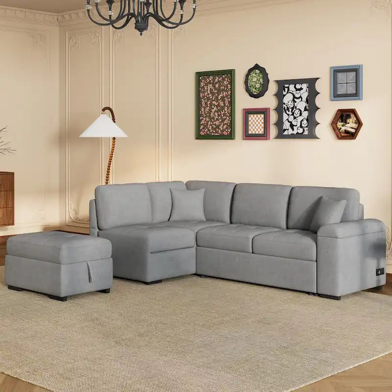 Canapé sectionnel en L à 5 places de 84,75 po avec lit gigogne, pouf de rangement, rangement de bras caché et chargement USB