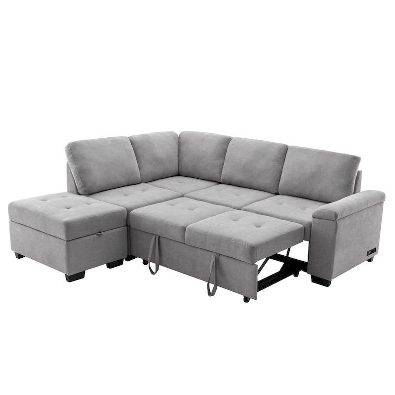 Canapé sectionnel en L à 5 places de 84,75 po avec lit gigogne, pouf de rangement, rangement de bras caché et chargement USB