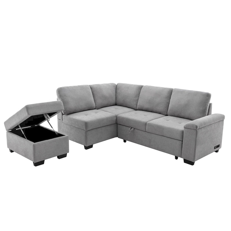 Canapé sectionnel en L à 5 places de 84,75 po avec lit gigogne, pouf de rangement, rangement de bras caché et chargement USB