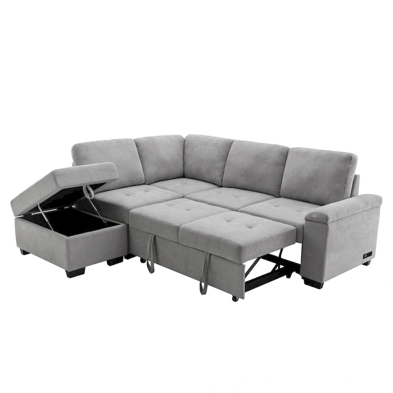 Canapé sectionnel en L à 5 places de 84,75 po avec lit gigogne, pouf de rangement, rangement de bras caché et chargement USB