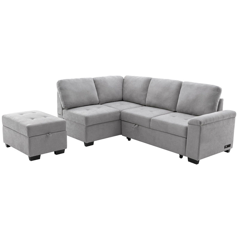 Canapé sectionnel en L à 5 places de 84,75 po avec lit gigogne, pouf de rangement, rangement de bras caché et chargement USB