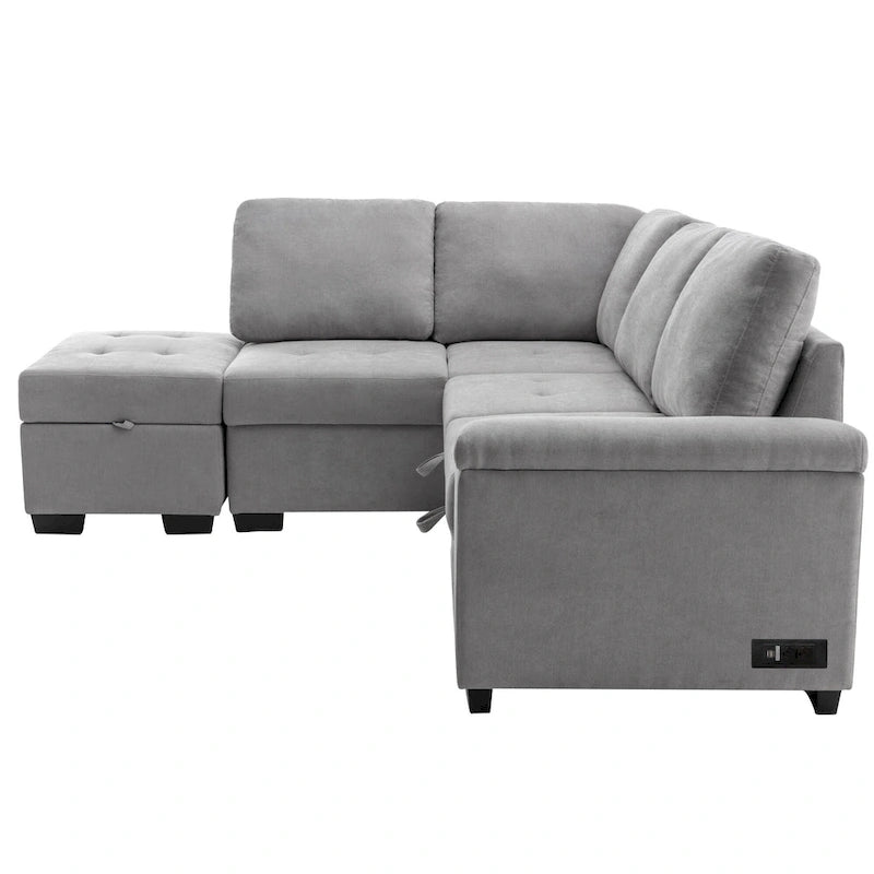 Canapé sectionnel en L à 5 places de 84,75 po avec lit gigogne, pouf de rangement, rangement de bras caché et chargement USB