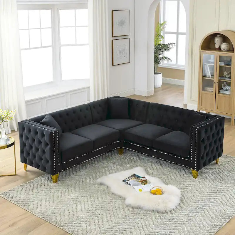 Canapé sectionnel d'angle 5 places Chesterfield 82,2 en velours noir avec garniture cloutée, pieds en métal et coussins capitonnés
