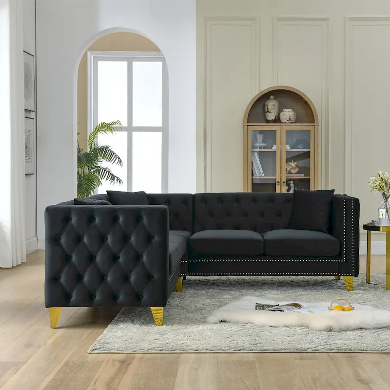 Canapé sectionnel d'angle 5 places Chesterfield 82,2 en velours noir avec garniture cloutée, pieds en métal et coussins capitonnés