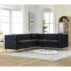 Canapé sectionnel d'angle 5 places Chesterfield 82,2 en velours noir avec garniture cloutée, pieds en métal et coussins capitonnés