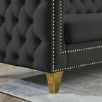 Canapé sectionnel d'angle 5 places Chesterfield 82,2 en velours noir avec garniture cloutée, pieds en métal et coussins capitonnés