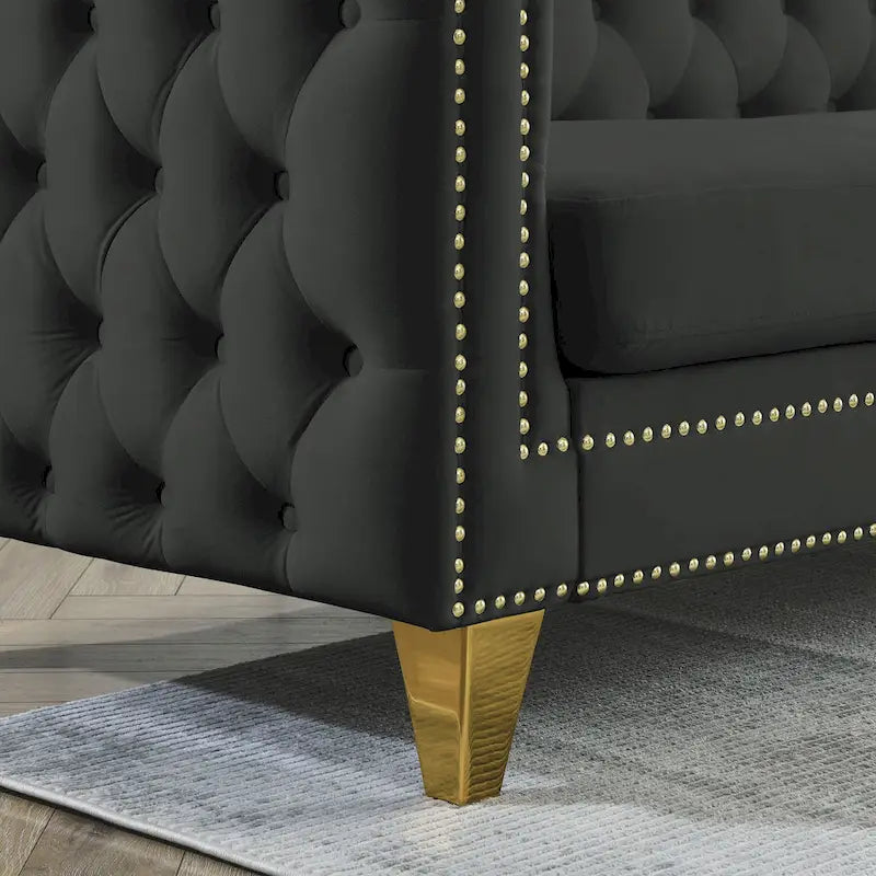 Canapé sectionnel d'angle 5 places Chesterfield 82,2 en velours noir avec garniture cloutée, pieds en métal et coussins capitonnés