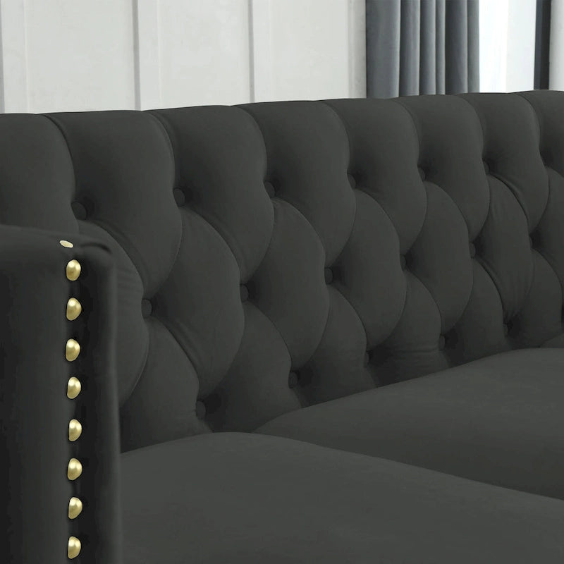Canapé sectionnel d'angle 5 places Chesterfield 82,2 en velours noir avec garniture cloutée, pieds en métal et coussins capitonnés