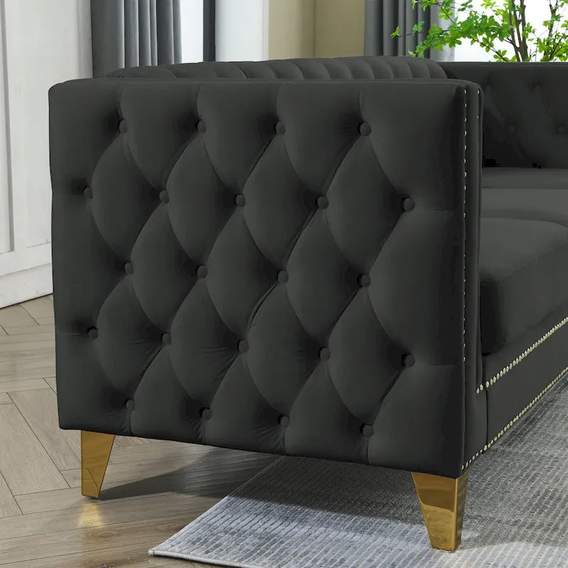 Canapé sectionnel d'angle 5 places Chesterfield 82,2 en velours noir avec garniture cloutée, pieds en métal et coussins capitonnés