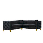 Canapé sectionnel d'angle 5 places Chesterfield 82,2 en velours noir avec garniture cloutée, pieds en métal et coussins capitonnés