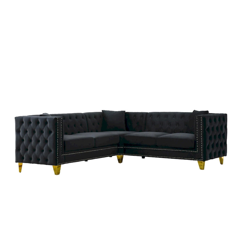 Canapé sectionnel d'angle 5 places Chesterfield 82,2 en velours noir avec garniture cloutée, pieds en métal et coussins capitonnés