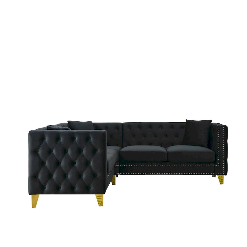 Canapé sectionnel d'angle 5 places Chesterfield 82,2 en velours noir avec garniture cloutée, pieds en métal et coussins capitonnés